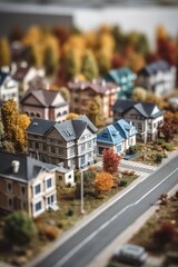 Modern generic suburb style model buildings with tilt shift effect, created with generative AI