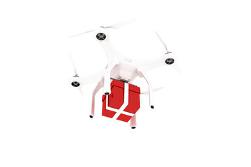 Digitally generated image of quadcopter with red gift box