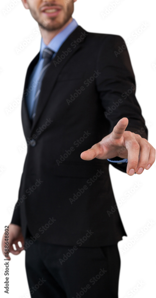 Poster mid section of businessman in suit touching index finger on invisible interface