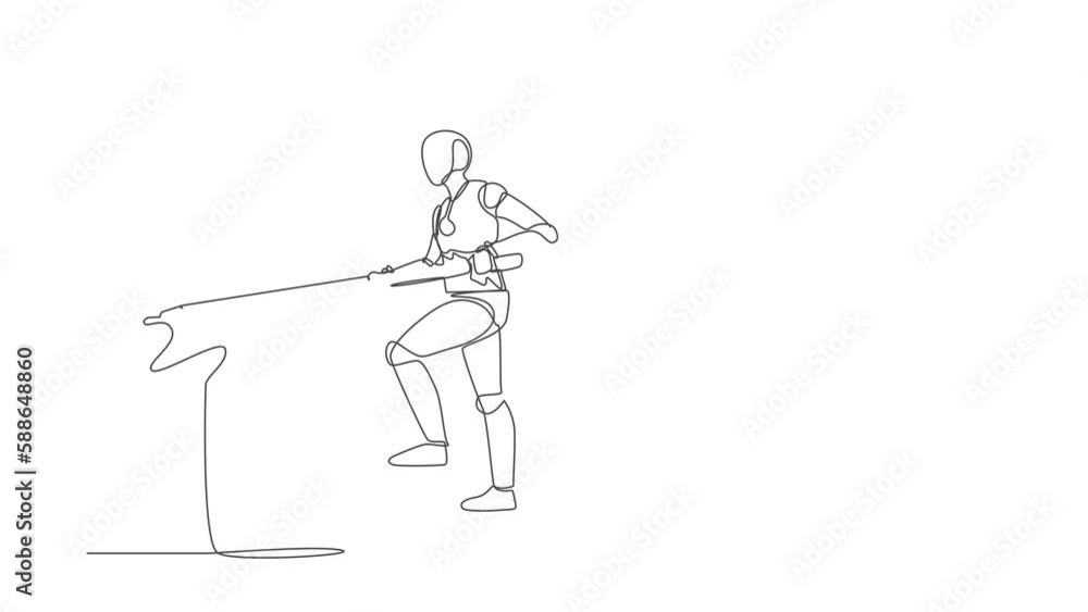 Poster animated self drawing of continuous line draw robot use huge pencil to draw rising up stairs. humano