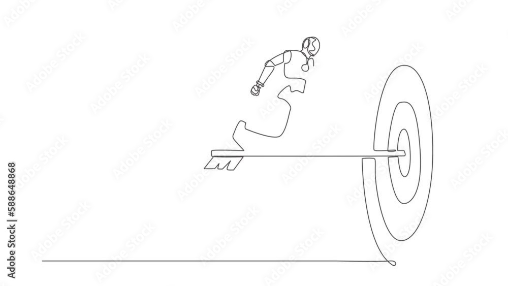 Poster animated self drawing of continuous line draw robot run to bullseye with dart. reach target success.