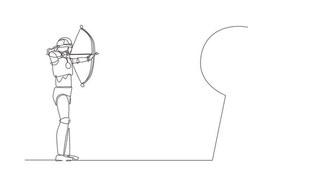 Animated self drawing of continuous line draw blindfold robot holding bow arrow looking for target. Humanoid robot cybernetic organism. Future robotic development. Full length single line animation