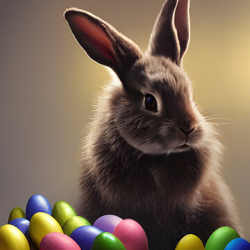 A festive Easter bunny surrounded by an abundance of colorful eggs, ready to brighten up your projects.