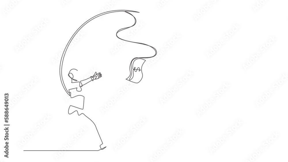 Poster animated self drawing of continuous line draw robot running after money. greedy robot with attached 
