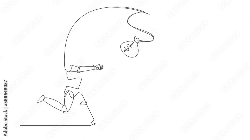 Poster self drawing animation of single line draw robot chasing bag of money. foolishness, stupidity. futur