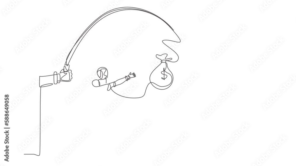 Poster animated self drawing of single continuous line draw hand with fishing pole and money bag control gr
