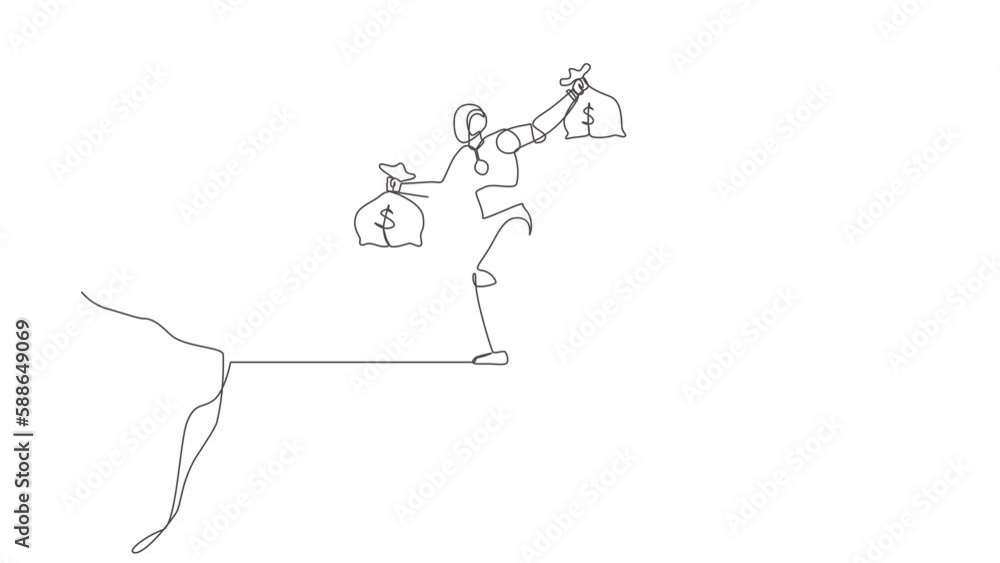 Poster animated self drawing of continuous line draw robot walk over cliff gap mountain carry two money bag