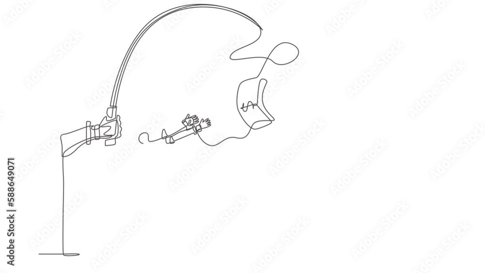 Poster animated self drawing of continuous one line draw hand with fishing pole, dollar cash control greedy