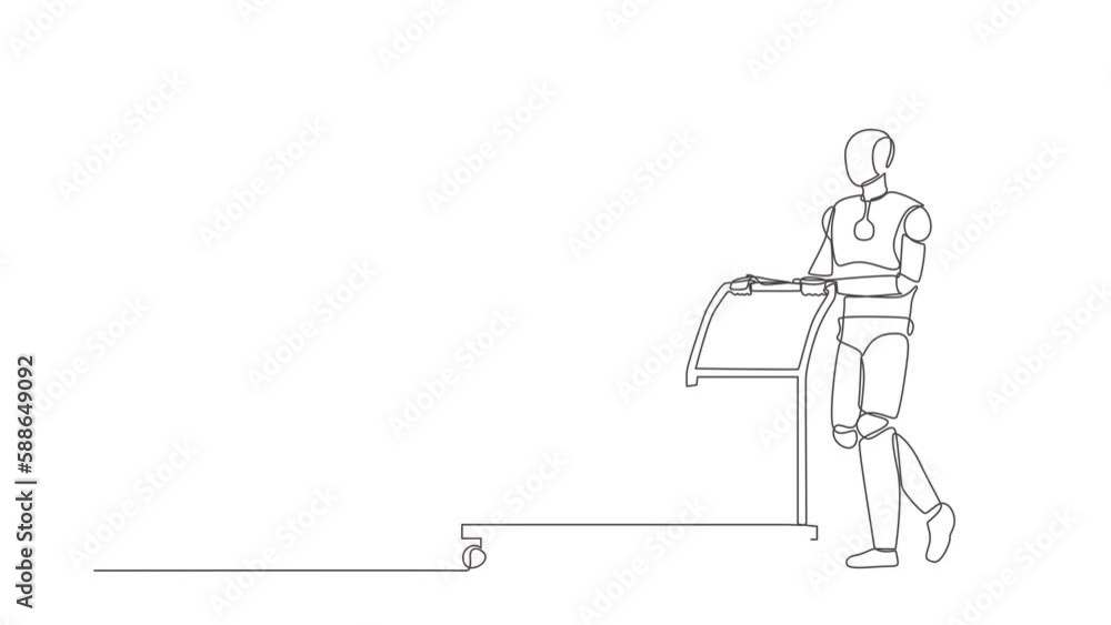 Poster animated self drawing of continuous line draw robot push cart with money bags. reward or profit. mod