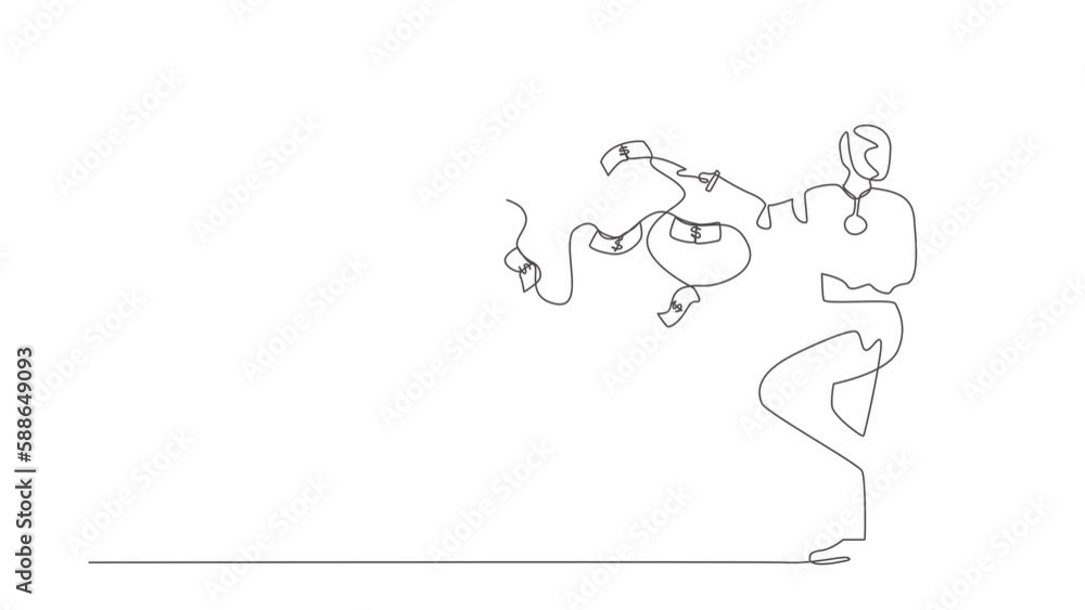 Poster animated self drawing of continuous one line draw robot throw out pile of money banknotes flying int