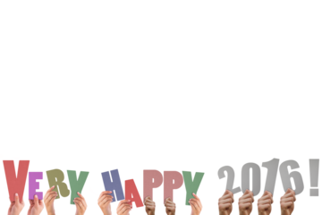 Colorful alphabet spelling very happy 2016 held up by people