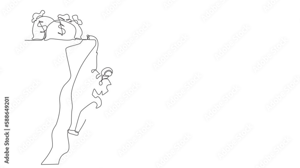 Poster self drawing animation of single one line draw robot doing rope climbing towards money bag. future t