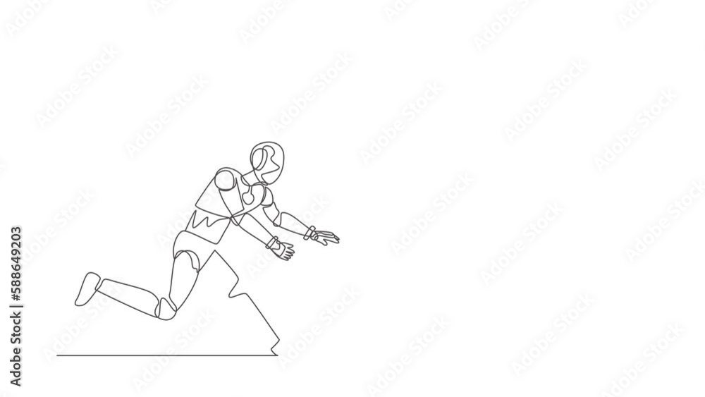 Poster animated self drawing of single continuous line draw robot chasing money bag dollar run away. modern
