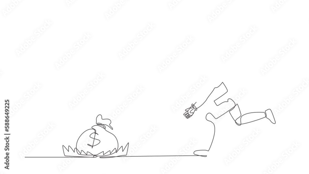 Poster animated self drawing of continuous line draw robot running to catch money bag in the steel bear tra