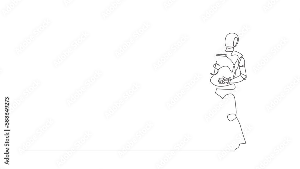 Poster self drawing animation of single line draw robot walking carrying big sack full of cash money. futur