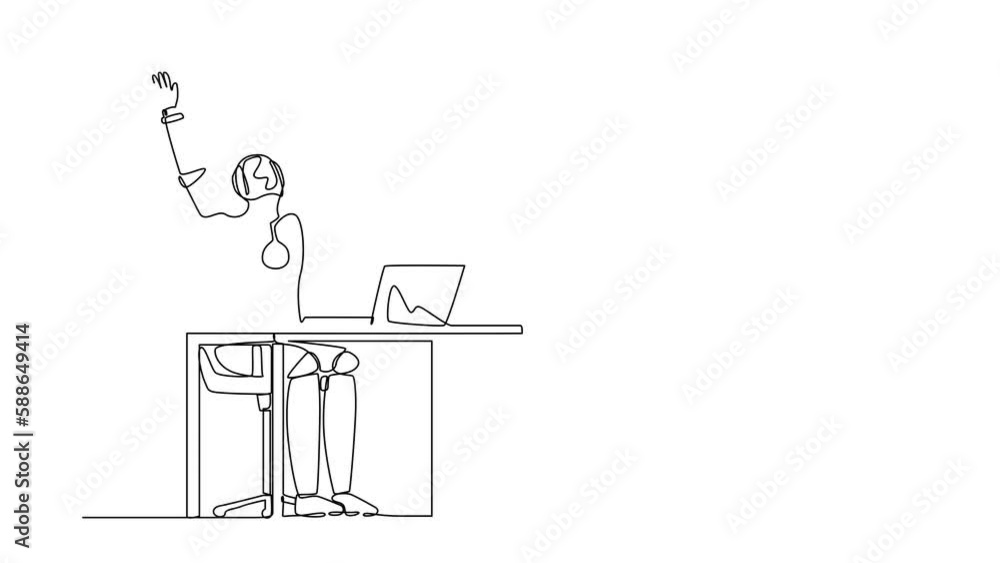 Poster self drawing animation of single line draw robot at desk celebrating win with hands raised. technolo