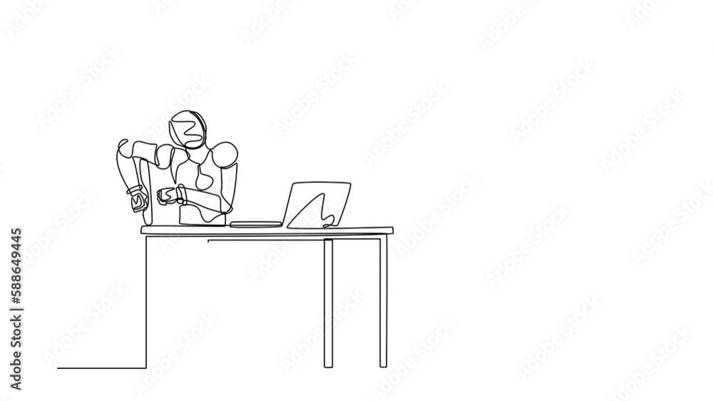 Poster animated self drawing of continuous line draw scared robot looking at laptop computer screen. modern