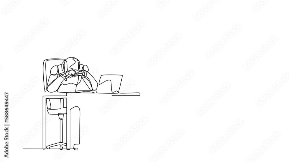 Poster self drawing animation of single line draw frustrated robot in doubt with hand on chin gesture. futu