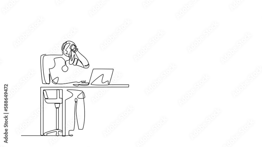 Poster animated self drawing of continuous line draw robot employee crying while wiping tears using tissue,