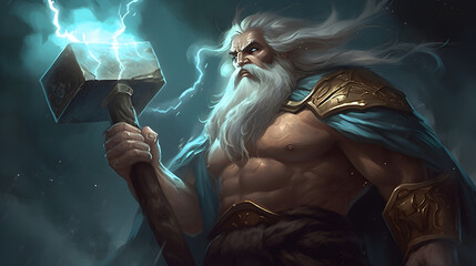 Zeus in Dota hold a Thor's hammer. - obrazy, fototapety, plakaty