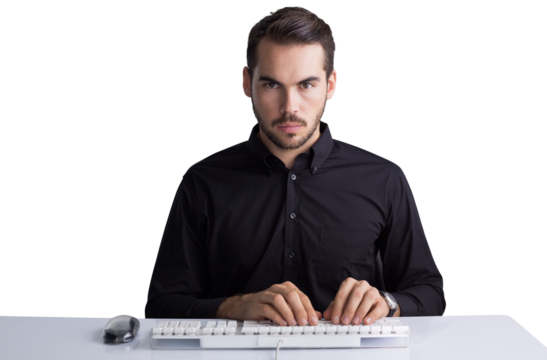 Serious businessman typing on keyboard  - Powered by Adobe