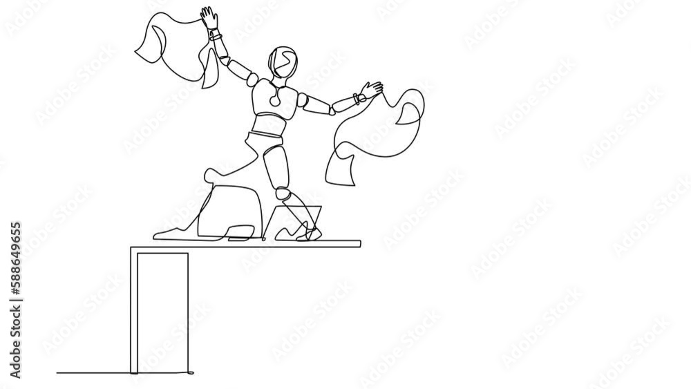 Poster self drawing animation of single line draw robot dancing on desk celebrating win with throwing paper