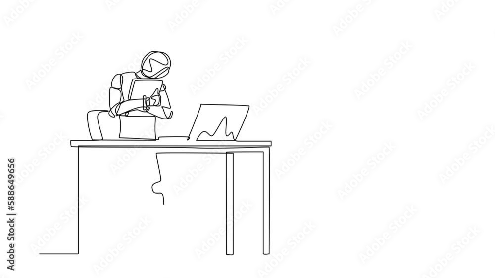 Poster animated self drawing of continuous line draw robot standing and hugging laptop at office. humanoid 