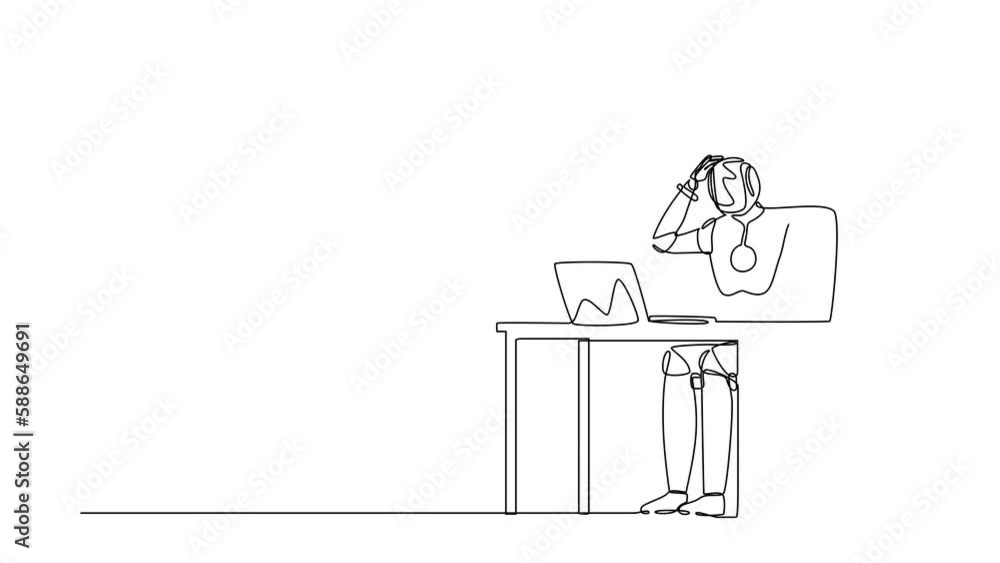 Poster self drawing animation of single line draw confused robot manager working on laptop. future technolo