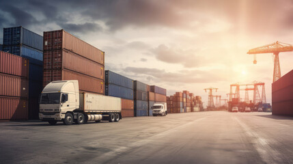 Container truck in ship port for business logistics. Generative AI