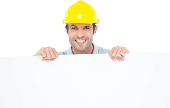 Architect with bill board over white background