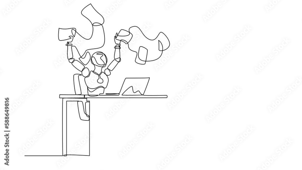 Poster animated self drawing of continuous one line draw robot throwing documents in air, enjoying success.