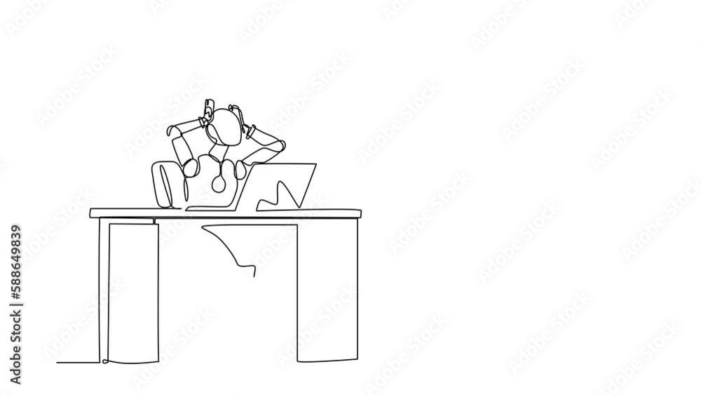Poster self drawing animation of single one line draw frustrated robot sitting at laptop, holding head. fut