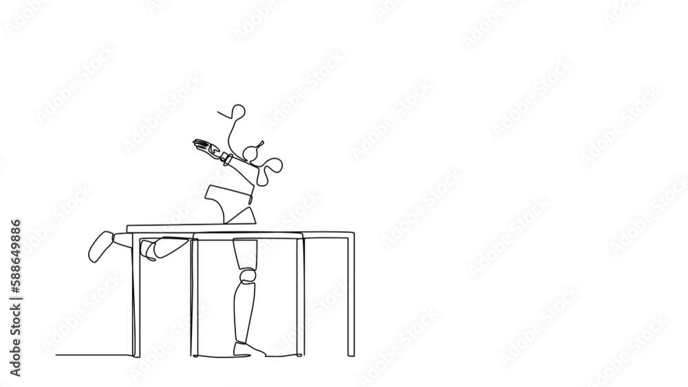 Aufkleber animated self drawing of continuous line draw frustrated robot is angry and throwing laptop. humanoi