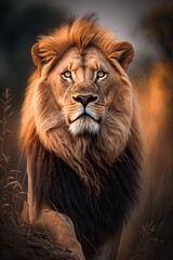 Fototapeta premium Lion with a majestic expression, surveying its kingdom from a high vantage point, generative ai