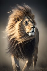 Fototapeta premium Lion with its mane blowing in the wind, looking wild and untamed, generative ai