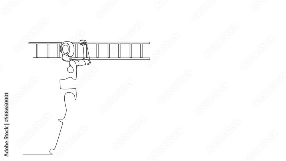 Aufkleber animated self drawing of continuous line draw robot repairman walking with ladder. renovation home. 