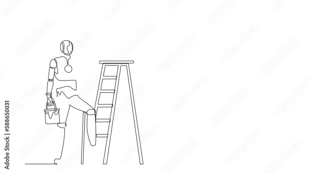 Poster self drawing animation of single line draw robot painter standing with painting roller, bucket, ladd