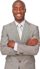 Smiling businessman with arms crossed standing against white background