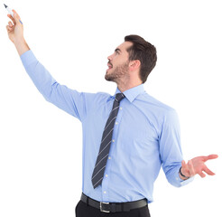 Happy businessman pointing something with marker