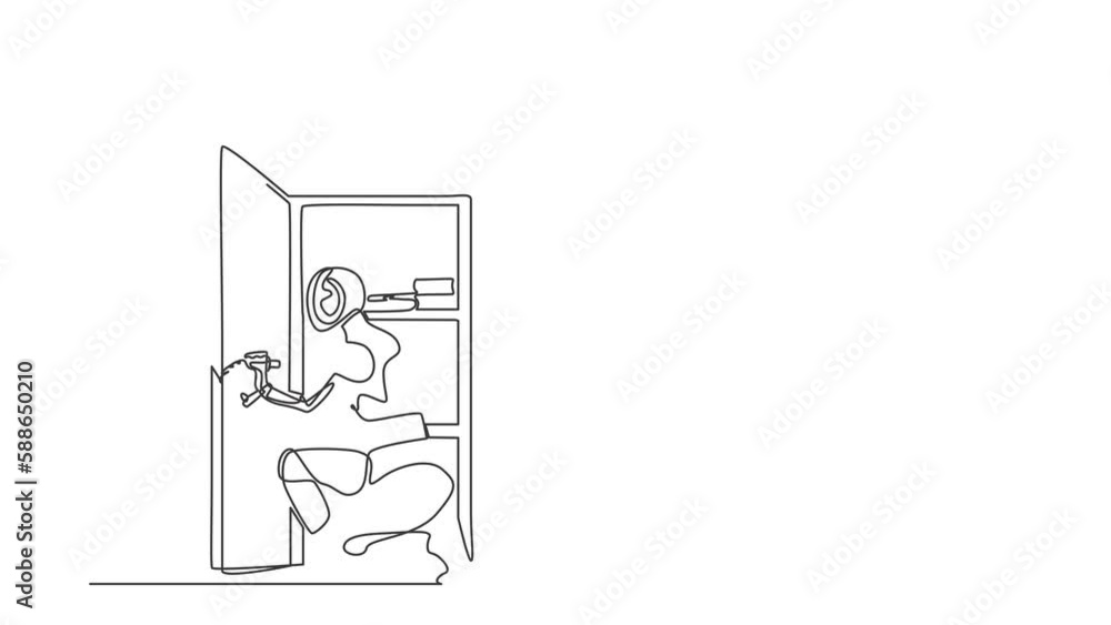 Poster animated self drawing of continuous line draw robot carpenter is assembling of wardrobe or cabinet w