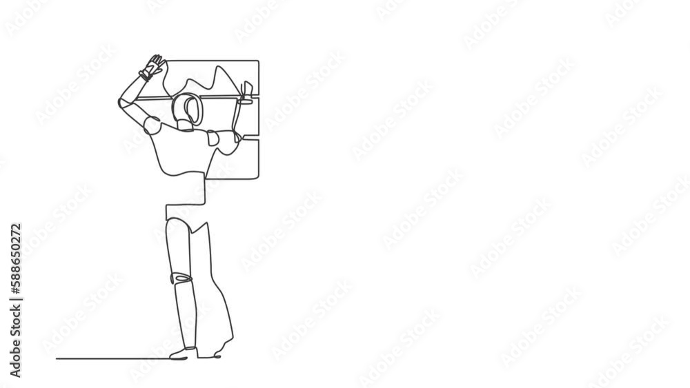 Poster animated self drawing of continuous line draw robot professional worker hammering. nail in wood. mod