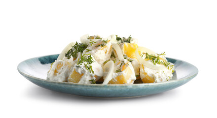 Plate of tasty Potato Salad with greens on white background