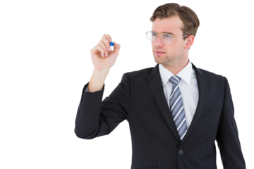 Geeky businessman writing with marker