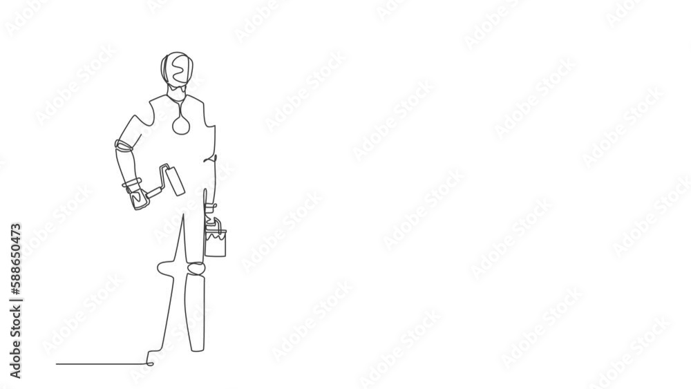 Poster animated self drawing of continuous line draw robot holds roller with paint and bucket of paint, pai