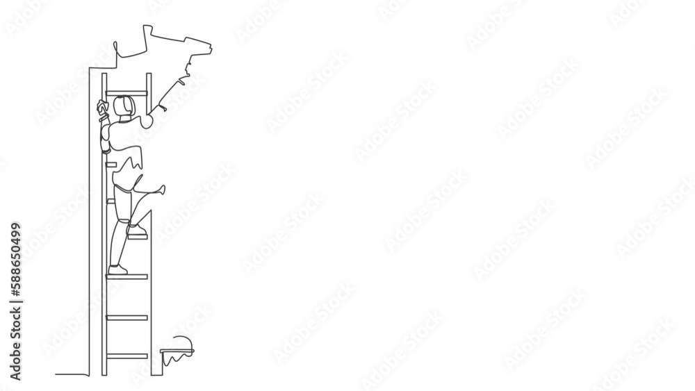 Poster animated self drawing of continuous line draw robot painter standing on staircase paints wall with p