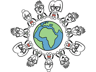 Cartoon people surrounding earth