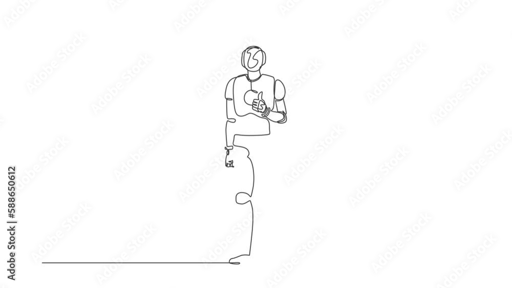 Poster animated self drawing of continuous one line draw robot showing thumbs down sign gesture. dislike, d