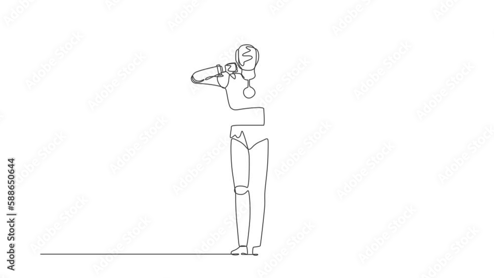 Poster animated self drawing of continuous one line draw robot showing thumbs down sign gesture. dislike, d
