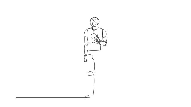 Animated self drawing of continuous one line draw robot showing thumbs down sign gesture. Dislike, disagree, disapprove, no deal. Humanoid robot cybernetic organism. Full length single line animation