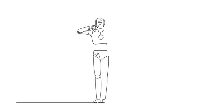Animated self drawing of continuous one line draw robot showing thumbs down sign gesture. Dislike, disagree, disapprove, no deal. Humanoid robot cybernetic organism. Full length single line animation
